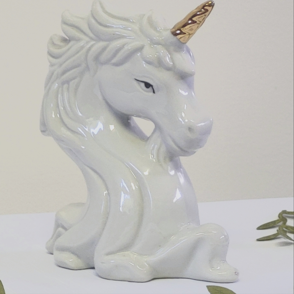 Vintage ( 70s ) White ceramic unicorn torso porcelain head with a golden horn